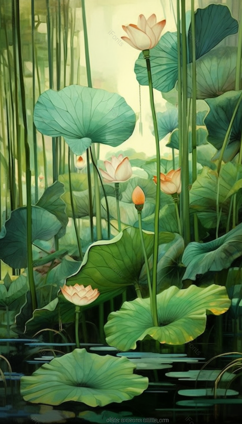 夏日深山的池塘里莲花盛开自然创意插画背景壁纸,插画/手绘图,插画/手绘图库,插画/手绘图下载,插画/手绘